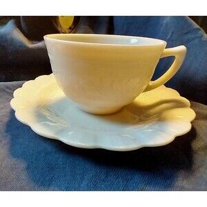 Vintage Scalloped Milk Glass Tea Cup and Saucer: Shabby Chic Decor